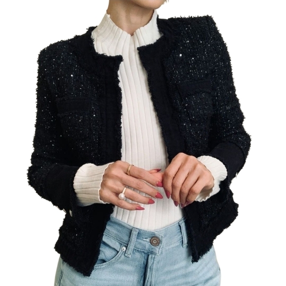 Nanette Lepore Jackets & Blazers - Nanette Lapore Cotton Tweed Jacket With Open Front In Black & Silver Sequins NWT